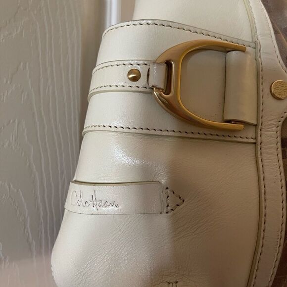 Cole Haan golden brown checkered fabric & | Mercari Cole Haan golden brown checkered fabric & beige leather tote gold tone a…